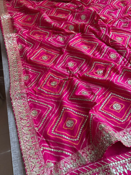 Majestic Pink Pure Munga Silk Banarasi Saree with Handcrafted Gotapatti Zardozi and Pearl Detailing