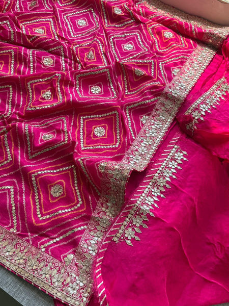 Majestic Pink Pure Munga Silk Banarasi Saree with Handcrafted Gotapatti Zardozi and Pearl Detailing