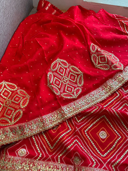Classic Red Pure Munga Silk Banarasi Saree with Handcrafted Gotapatti Zardozi and Pearl Detailing