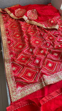Classic Red Pure Munga Silk Banarasi Saree with Handcrafted Gotapatti Zardozi and Pearl Detailing