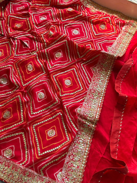 Classic Red Pure Munga Silk Banarasi Saree with Handcrafted Gotapatti Zardozi and Pearl Detailing