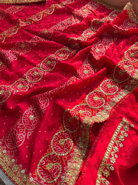 Pure Munga Silk Banarasi Saree with Handcrafted Gotapatti Zardozi and Pearl Embroidery