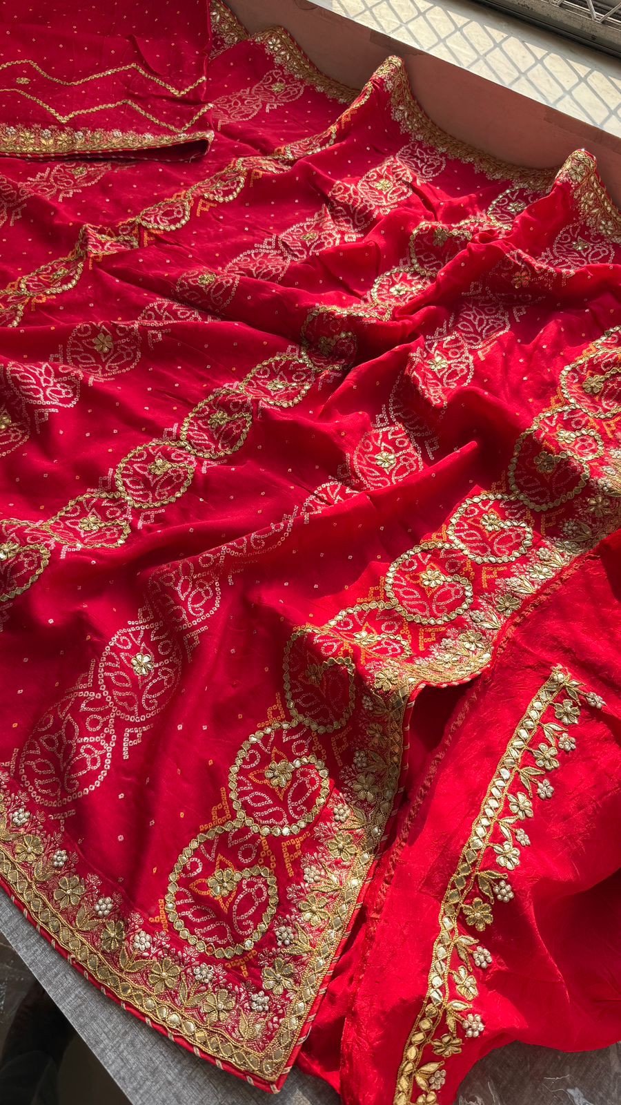 Pure Munga Silk Banarasi Saree with Handcrafted Gotapatti Zardozi and Pearl Embroidery