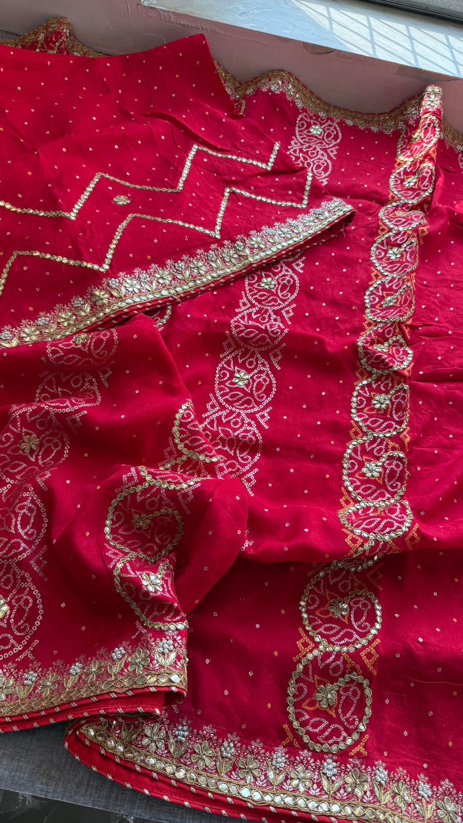 Pure Munga Silk Banarasi Saree with Handcrafted Gotapatti Zardozi and Pearl Embroidery