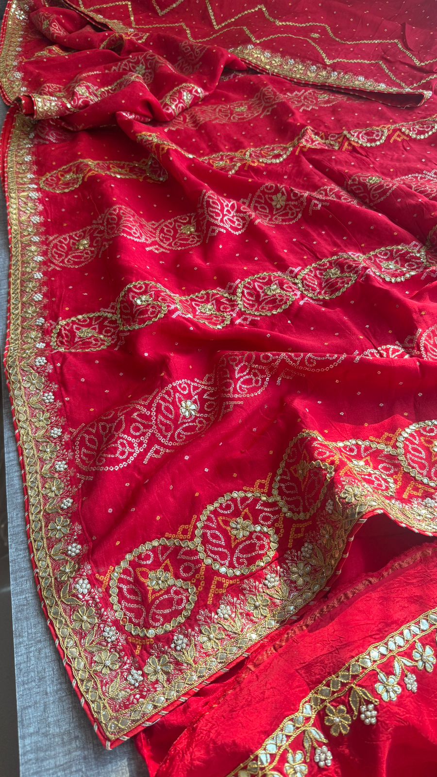 Pure Munga Silk Banarasi Saree with Handcrafted Gotapatti Zardozi and Pearl Embroidery