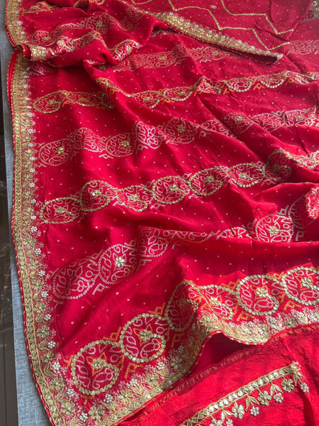 Pure Munga Silk Banarasi Saree with Handcrafted Gotapatti Zardozi and Pearl Embroidery