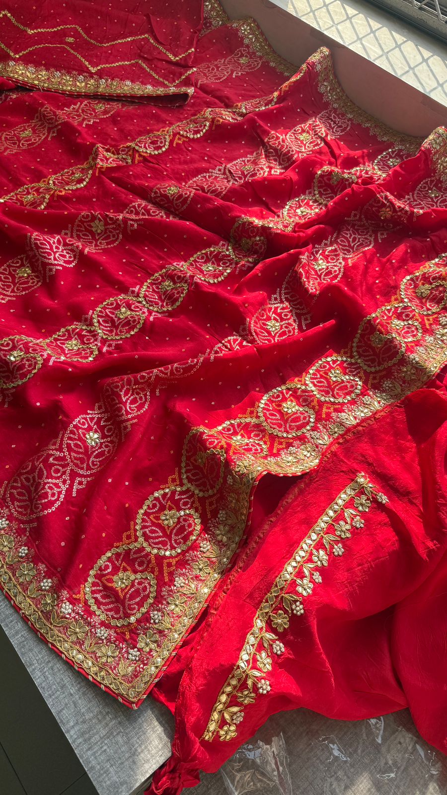 Pure Munga Silk Banarasi Saree with Handcrafted Gotapatti Zardozi and Pearl Embroidery