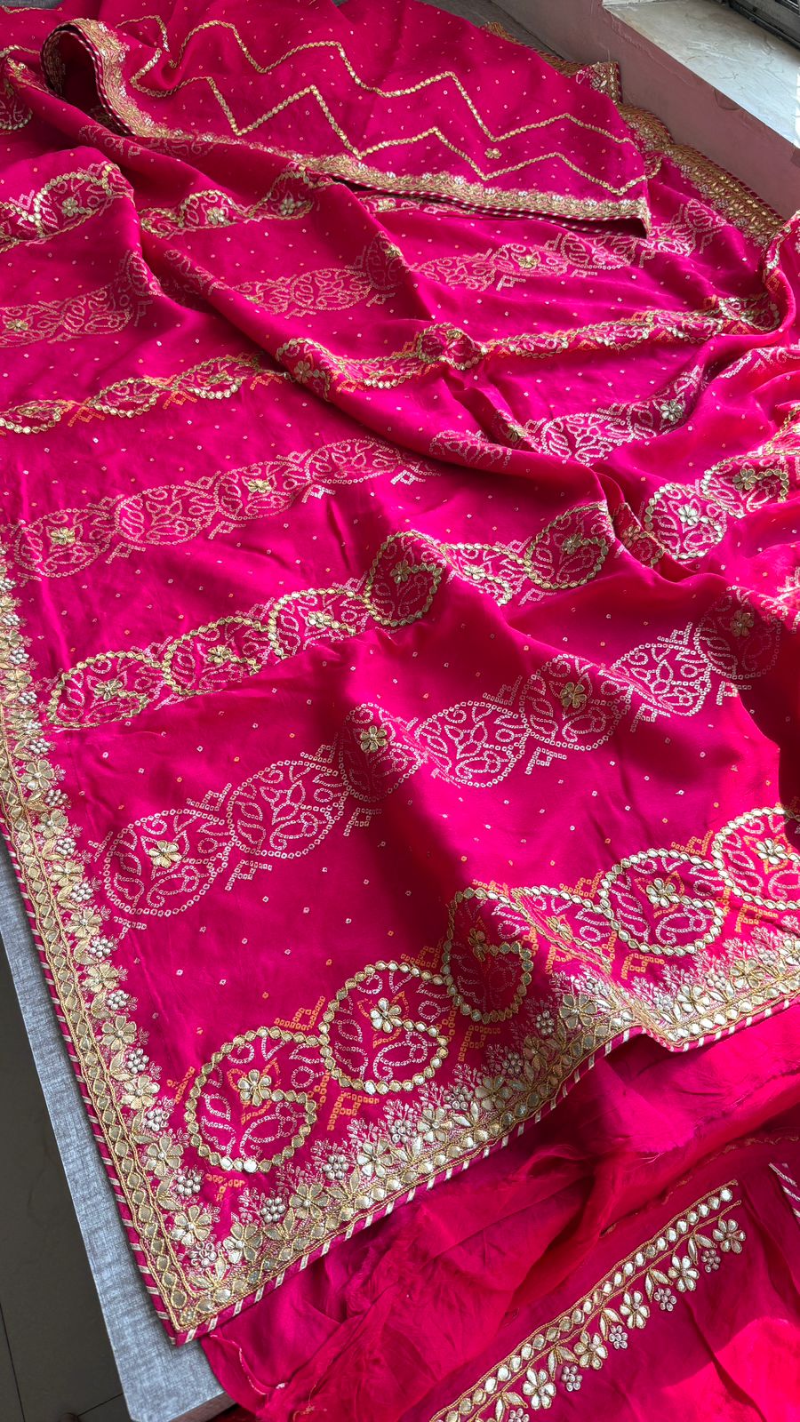 Pure Munga Silk Banarasi Saree with Handcrafted Gotapatti Zardozi and Pearl Embroidery