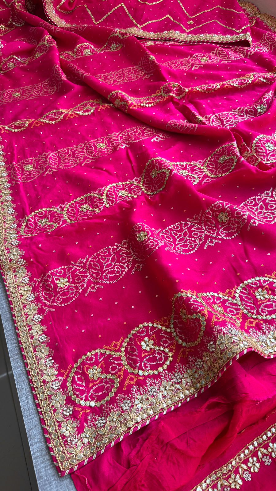 Pure Munga Silk Banarasi Saree with Handcrafted Gotapatti Zardozi and Pearl Embroidery