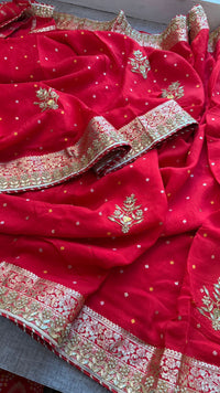 Pure Munga Silk Banarasi Saree with Handcrafted Zardozi Gota Patti and Pearl Embroidery