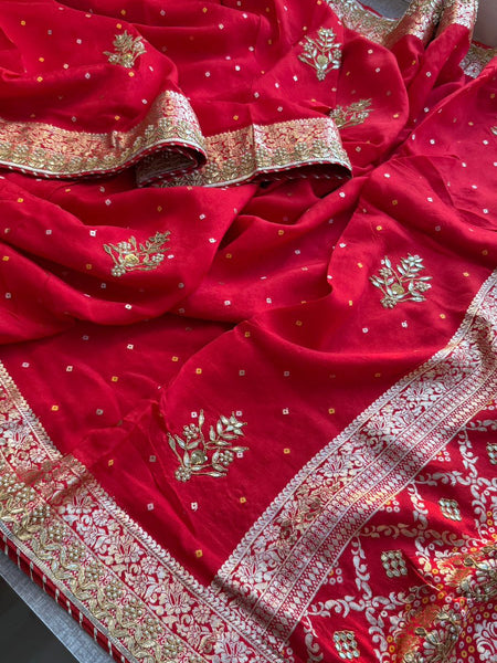 Pure Munga Silk Banarasi Saree with Handcrafted Zardozi Gota Patti and Pearl Embroidery