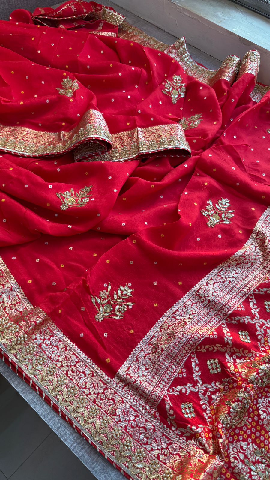 Pure Munga Silk Banarasi Saree with Handcrafted Zardozi Gota Patti and Pearl Embroidery