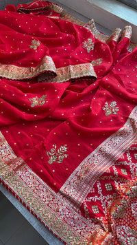 Pure Munga Silk Banarasi Saree with Handcrafted Zardozi Gota Patti and Pearl Embroidery