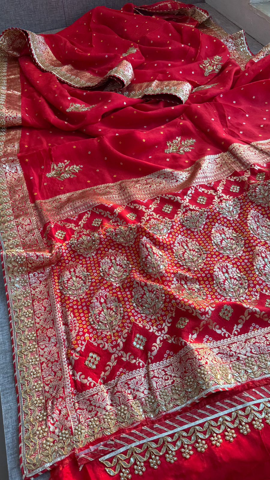 Pure Munga Silk Banarasi Saree with Handcrafted Zardozi Gota Patti and Pearl Embroidery