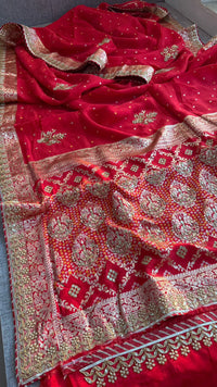Pure Munga Silk Banarasi Saree with Handcrafted Zardozi Gota Patti and Pearl Embroidery