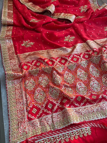 Pure Munga Silk Banarasi Saree with Handcrafted Zardozi Gota Patti and Pearl Embroidery