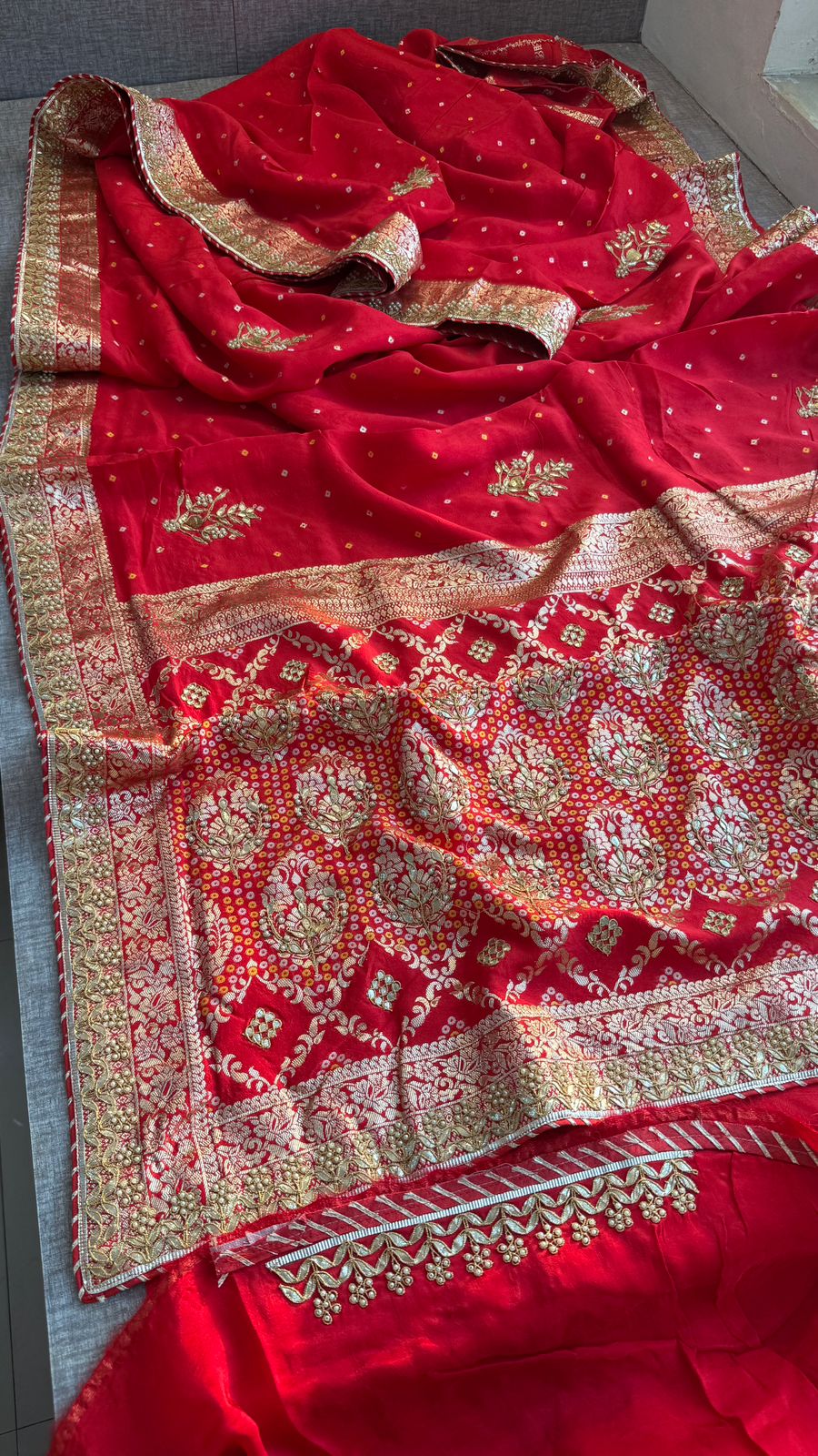 Pure Munga Silk Banarasi Saree with Handcrafted Zardozi Gota Patti and Pearl Embroidery