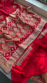 Pure Munga Silk Banarasi Saree with Handcrafted Zardozi Gota Patti and Pearl Embroidery