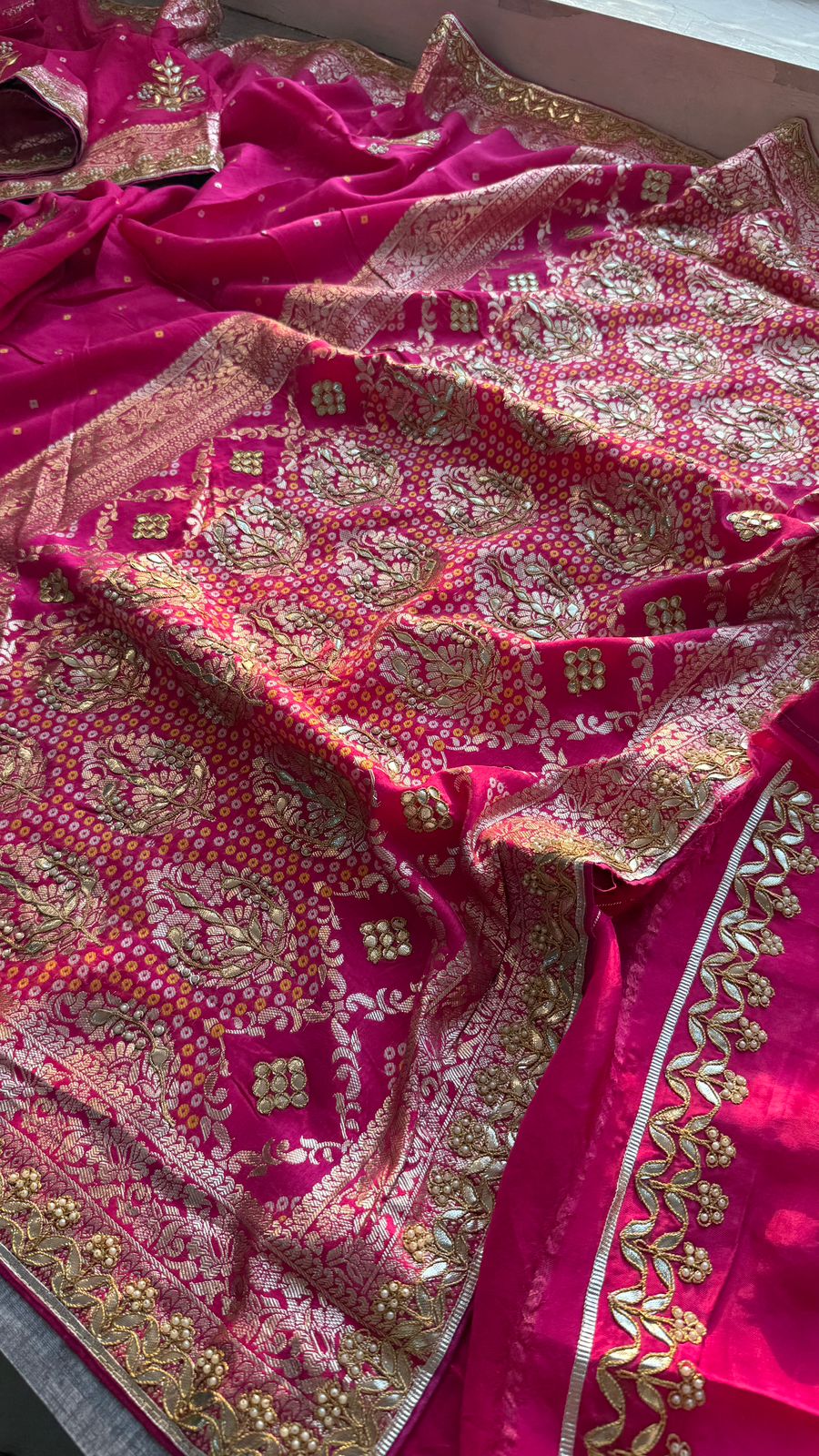 Pure Munga Silk Banarasi Saree with Handcrafted Zardozi Gota Patti and Pearl Embroidery