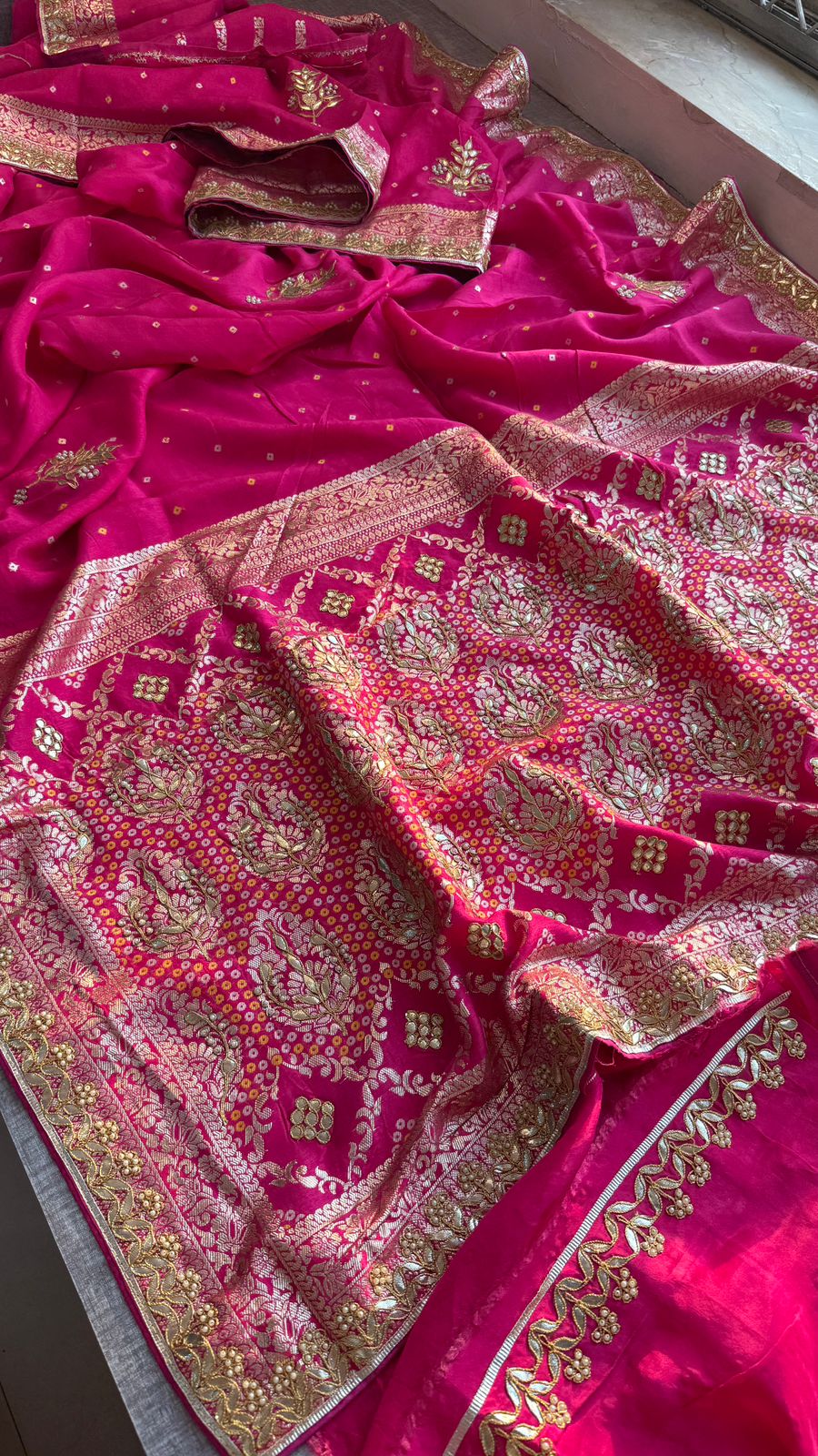 Pure Munga Silk Banarasi Saree with Handcrafted Zardozi Gota Patti and Pearl Embroidery