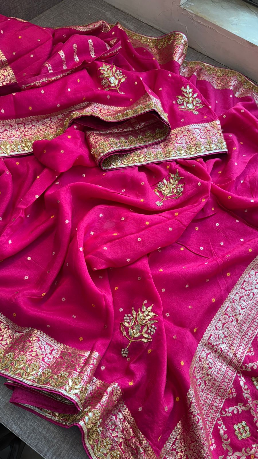 Pure Munga Silk Banarasi Saree with Handcrafted Zardozi Gota Patti and Pearl Embroidery