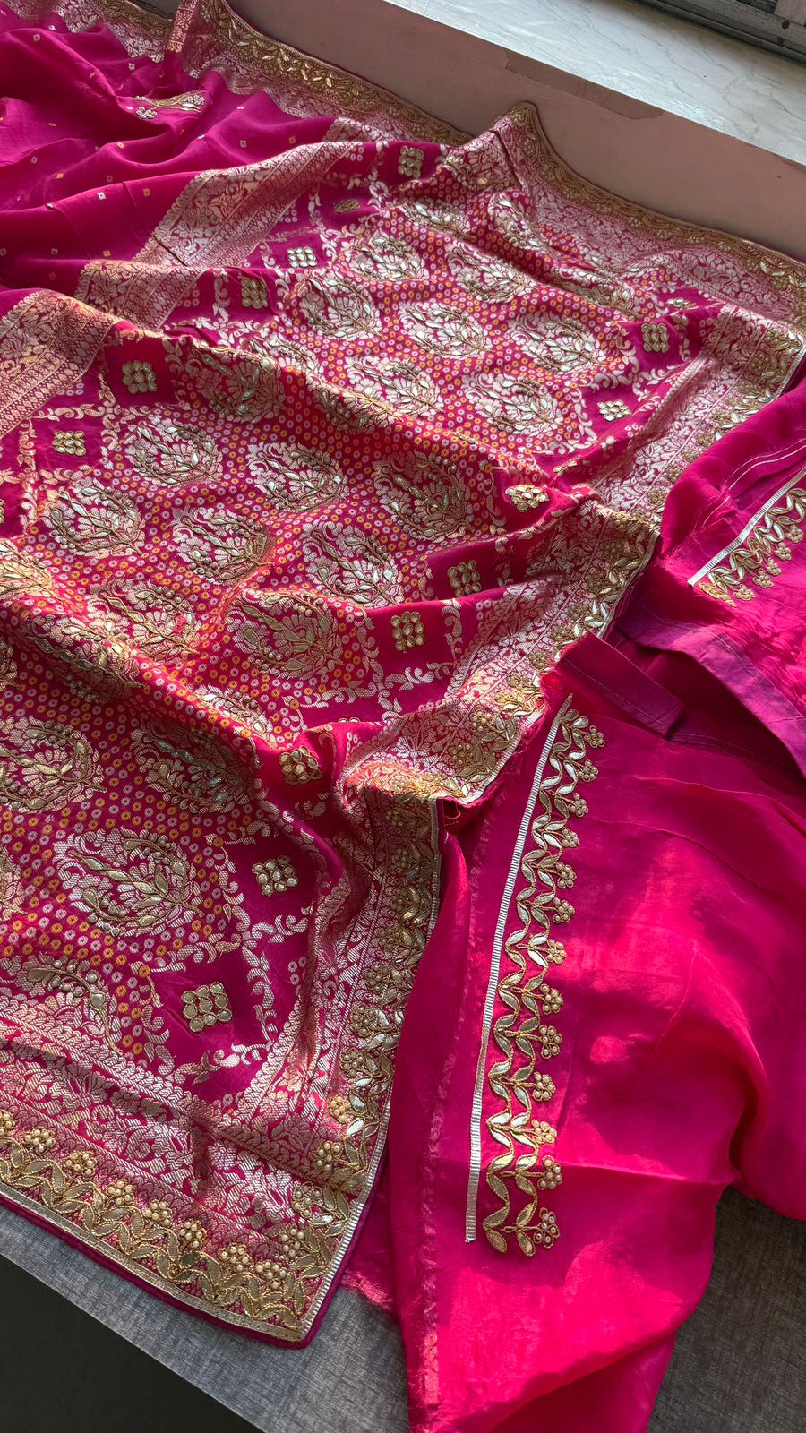 Pure Munga Silk Banarasi Saree with Handcrafted Zardozi Gota Patti and Pearl Embroidery