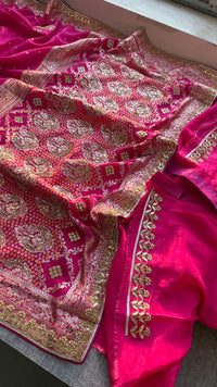 Pure Munga Silk Banarasi Saree with Handcrafted Zardozi Gota Patti and Pearl Embroidery