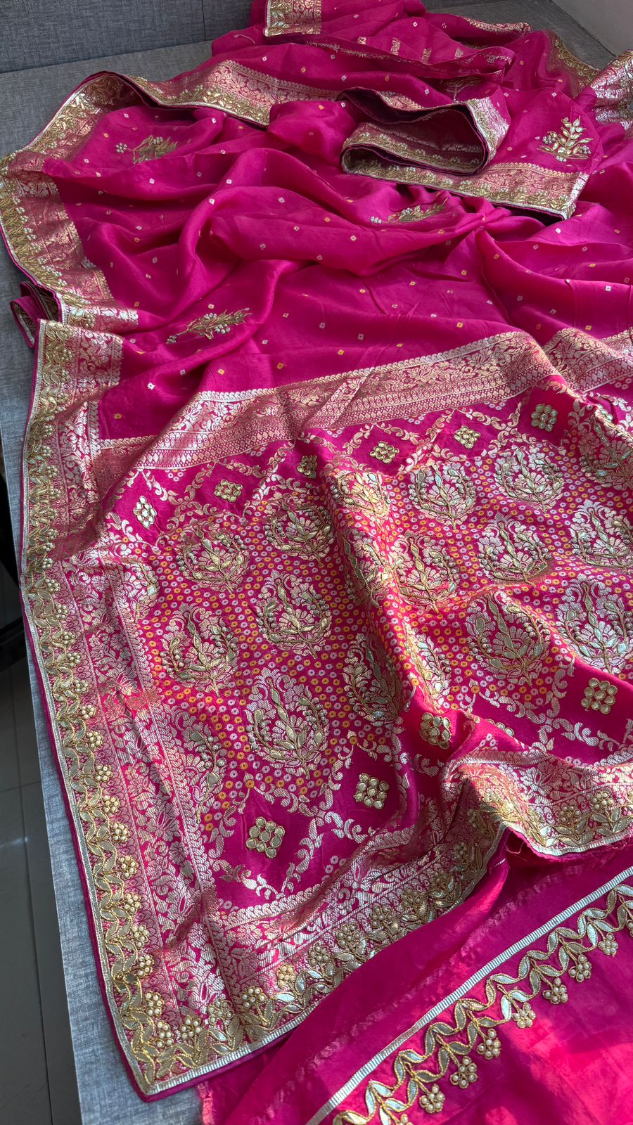 Pure Munga Silk Banarasi Saree with Handcrafted Zardozi Gota Patti and Pearl Embroidery