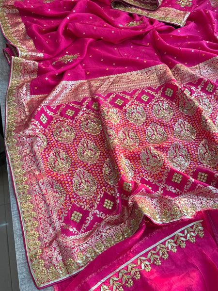 Pure Munga Silk Banarasi Saree with Handcrafted Zardozi Gota Patti and Pearl Embroidery
