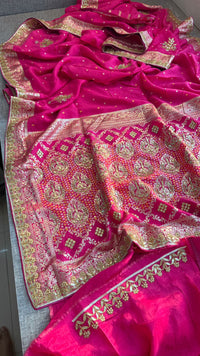 Pure Munga Silk Banarasi Saree with Handcrafted Zardozi Gota Patti and Pearl Embroidery