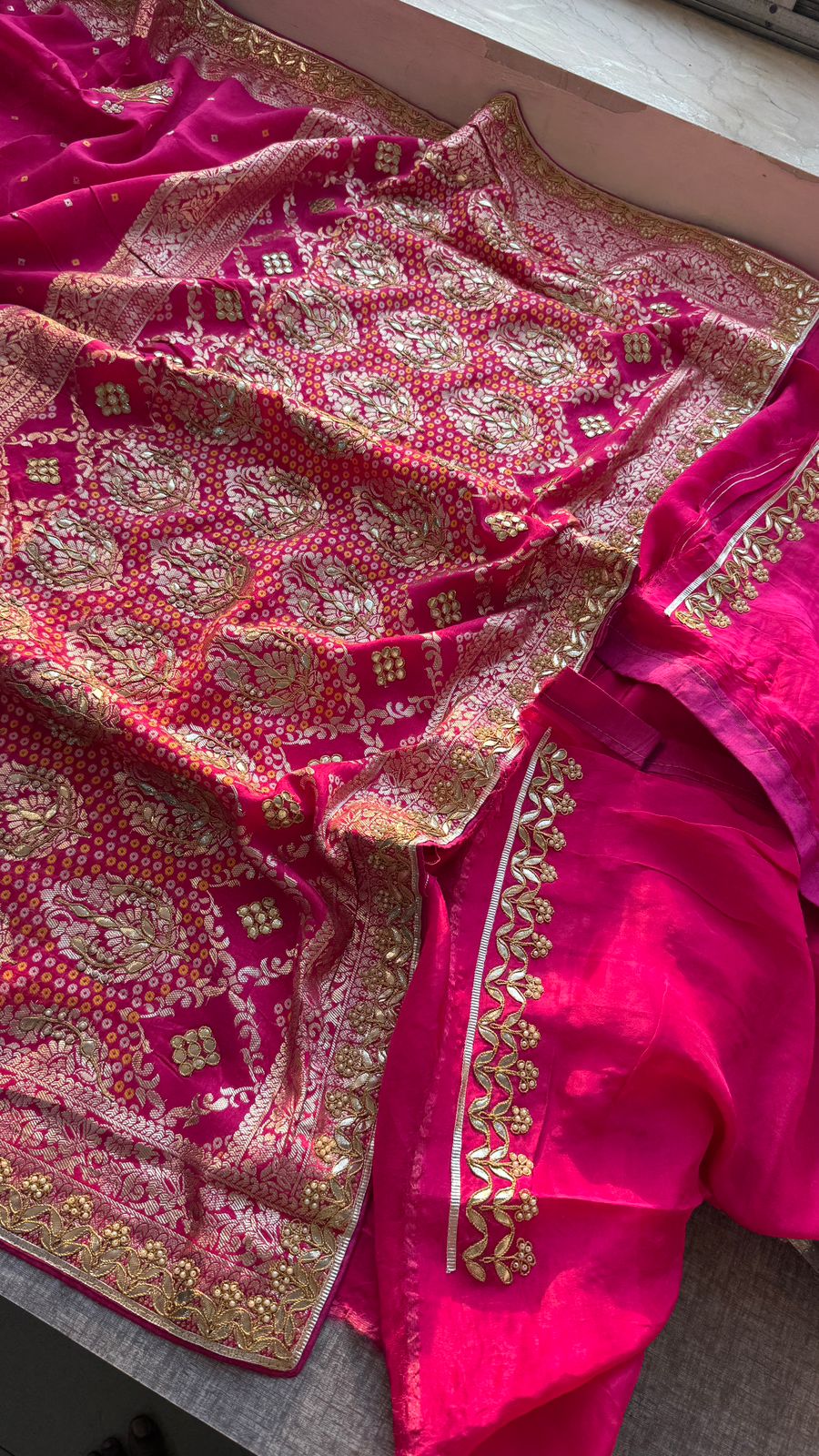 Pure Munga Silk Banarasi Saree with Handcrafted Zardozi Gota Patti and Pearl Embroidery