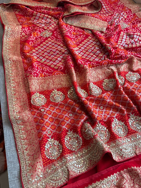 Pure Khaddi Georgette Banarasi Saree with Handcrafted Zardozi Gota Patti Pearl and Sequins Embroidery