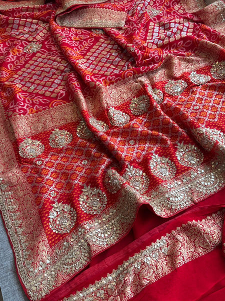 Pure Khaddi Georgette Banarasi Saree with Handcrafted Zardozi Gota Patti Pearl and Sequins Embroidery