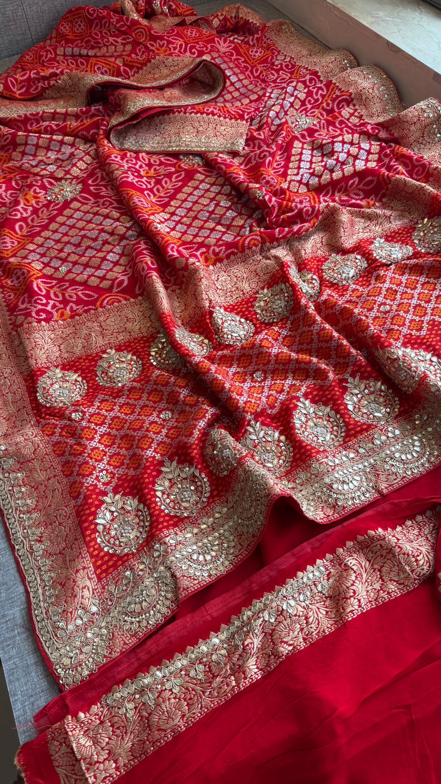 Pure Khaddi Georgette Banarasi Saree with Handcrafted Zardozi Gota Patti Pearl and Sequins Embroidery