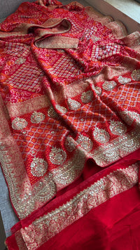Pure Khaddi Georgette Banarasi Saree with Handcrafted Zardozi Gota Patti Pearl and Sequins Embroidery