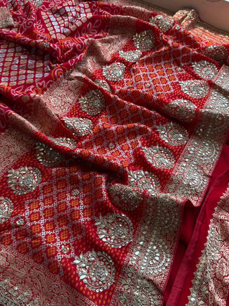 Pure Khaddi Georgette Banarasi Saree with Handcrafted Zardozi Gota Patti Pearl and Sequins Embroidery