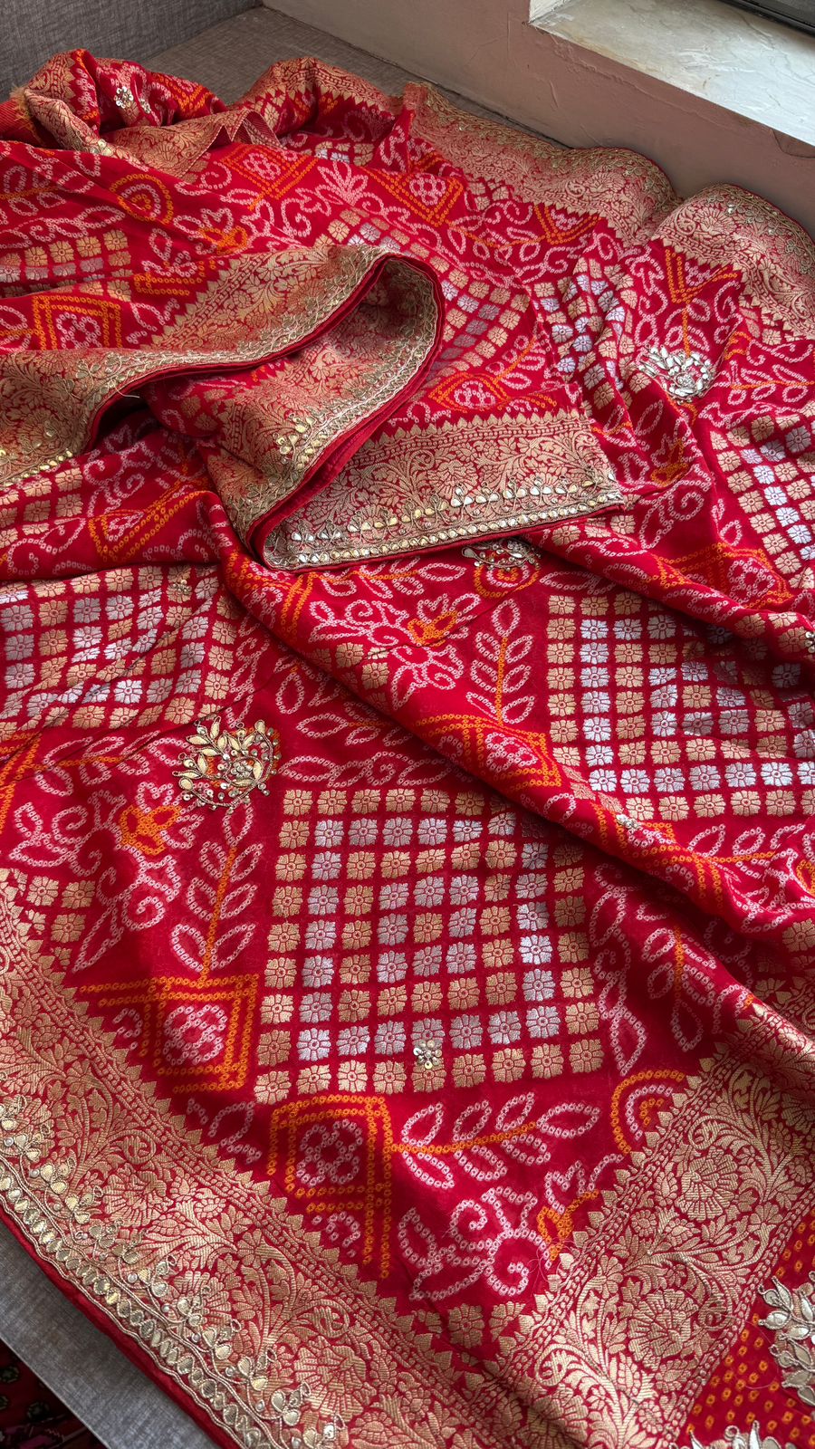 Pure Khaddi Georgette Banarasi Saree with Handcrafted Zardozi Gota Patti Pearl and Sequins Embroidery