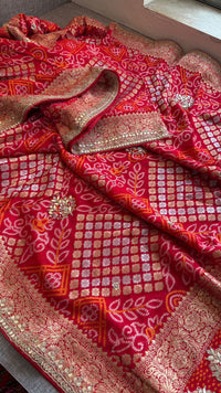 Pure Khaddi Georgette Banarasi Saree with Handcrafted Zardozi Gota Patti Pearl and Sequins Embroidery