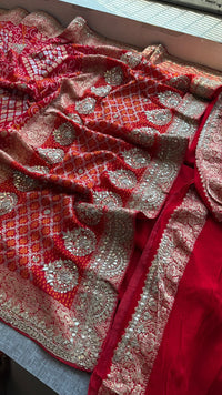 Pure Khaddi Georgette Banarasi Saree with Handcrafted Zardozi Gota Patti Pearl and Sequins Embroidery