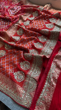Pure Khaddi Georgette Banarasi Saree with Handcrafted Zardozi Gota Patti Pearl and Sequins Embroidery