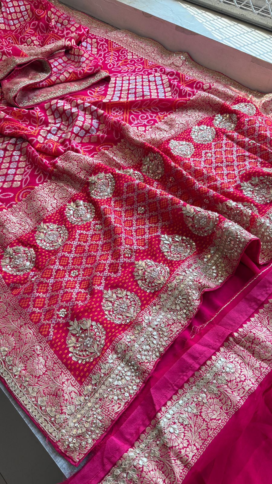 Pure Khaddi Georgette Banarasi Saree with Handcrafted Zardozi Gota Patti Pearl and Sequins Embroidery