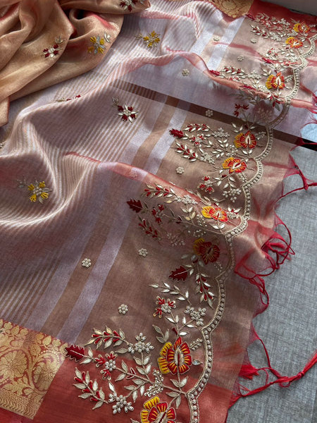 Champagne Gold Pure Soft Tissue Silk Banarasi Saree with Handcrafted Gota Patti Zardozi Pearl Resham and Sequins Embroidery