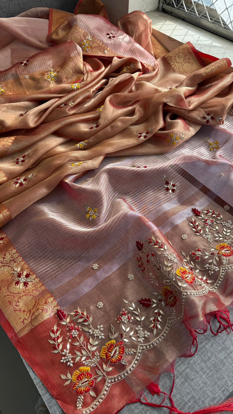 Champagne Gold Pure Soft Tissue Silk Banarasi Saree with Handcrafted Gota Patti Zardozi Pearl Resham and Sequins Embroidery