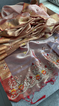 Champagne Gold Pure Soft Tissue Silk Banarasi Saree with Handcrafted Gota Patti Zardozi Pearl Resham and Sequins Embroidery