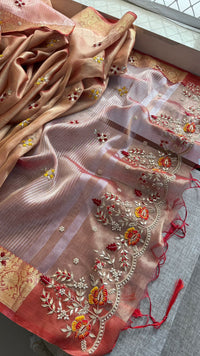 Champagne Gold Pure Soft Tissue Silk Banarasi Saree with Handcrafted Gota Patti Zardozi Pearl Resham and Sequins Embroidery