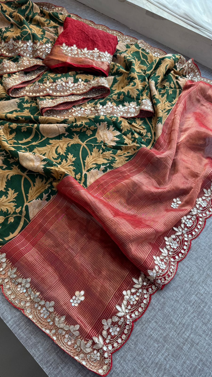 Pure Munga Silk Banarasi Saree with Handcrafted Gota Patti Zardozi and Cutdana Embroidery