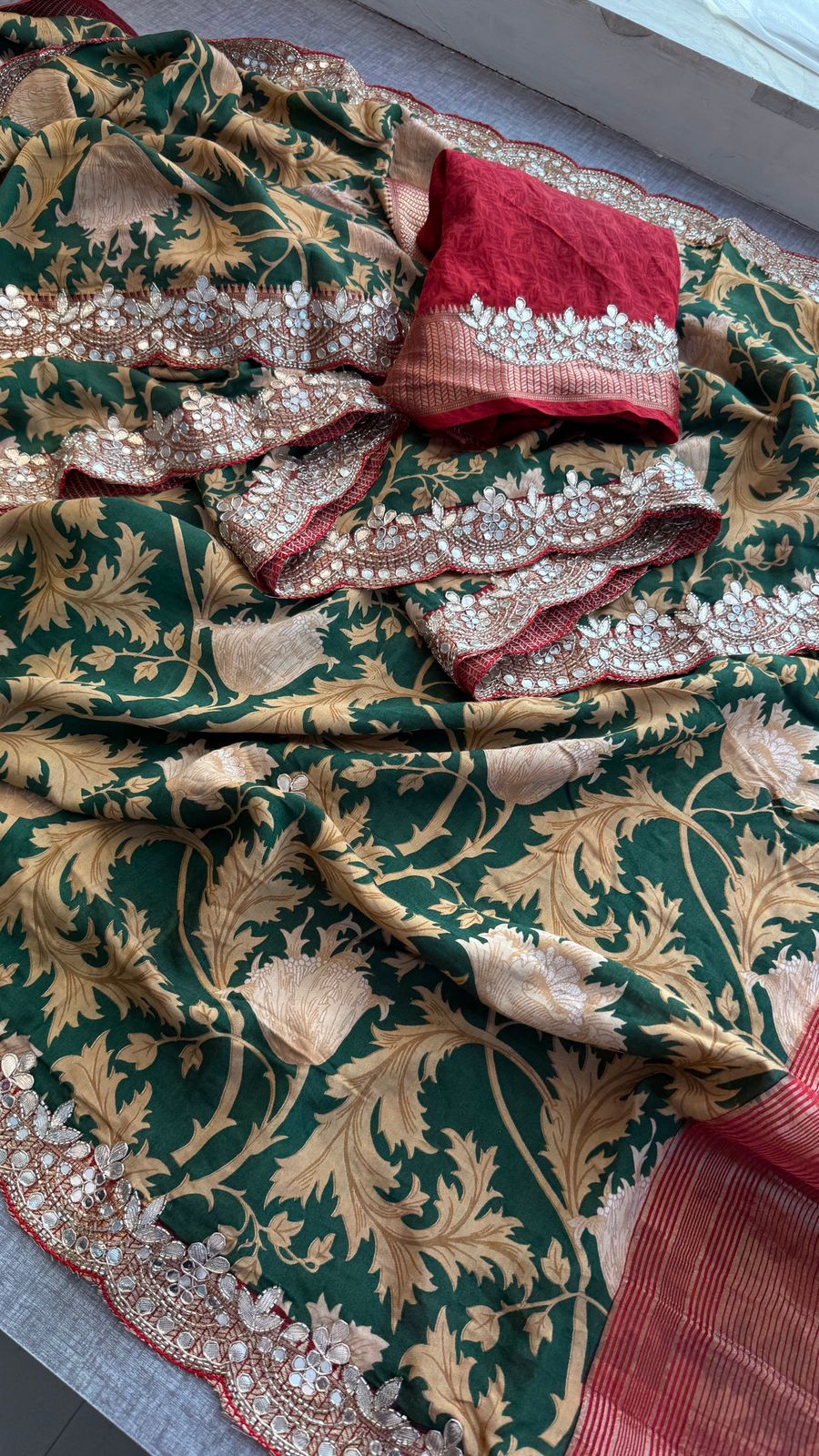 Pure Munga Silk Banarasi Saree with Handcrafted Gota Patti Zardozi and Cutdana Embroidery