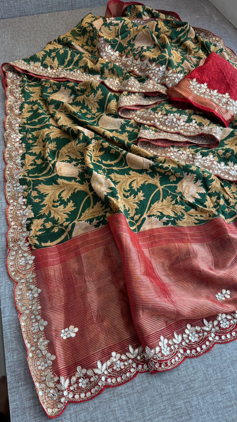 Pure Munga Silk Banarasi Saree with Handcrafted Gota Patti Zardozi and Cutdana Embroidery