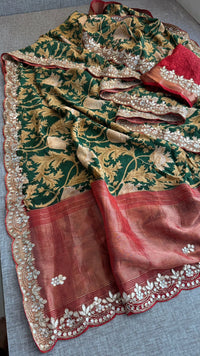 Pure Munga Silk Banarasi Saree with Handcrafted Gota Patti Zardozi and Cutdana Embroidery
