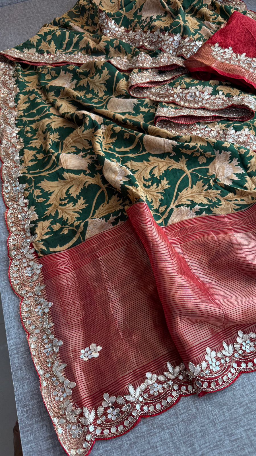 Pure Munga Silk Banarasi Saree with Handcrafted Gota Patti Zardozi and Cutdana Embroidery